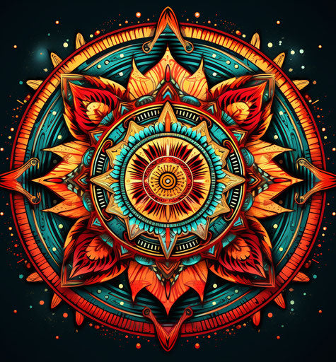 Indian tribal mandala surrounded by intricate geometric designs