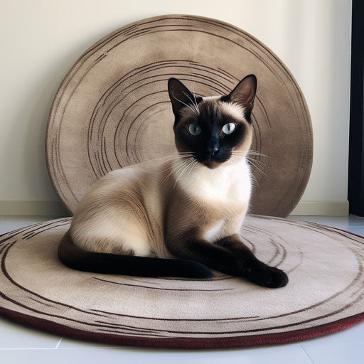 Siamese cat lying on carpet, light maroon and light black style, vibrant colorism