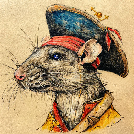 Adventurous tattoo sketch of a rat as a pirate, bold colors