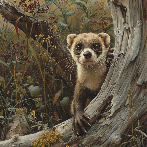 Curious black-footed ferret exploring fallen log