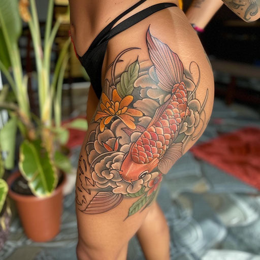 Hip tattoo of a koi fish, in the style of Ed Hardy
