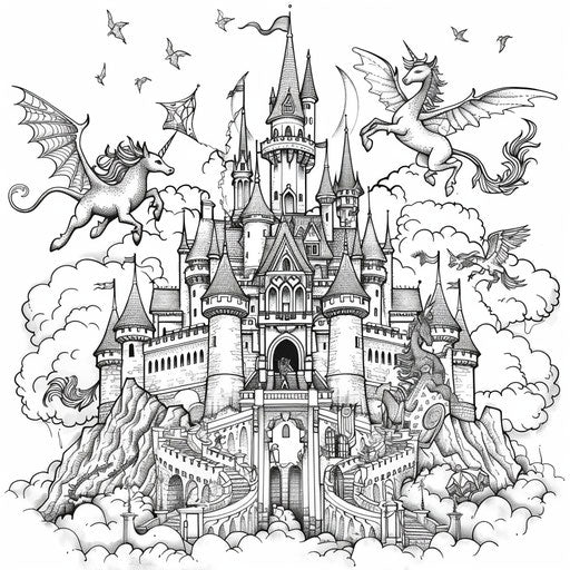 Magical castle painted by dragons and unicorns