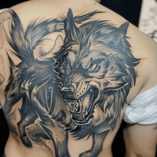 Fenrir wolf tattoo depicting the ferocity and strength of the mythical creature, in dark shades of black and grey, on a white canvas.