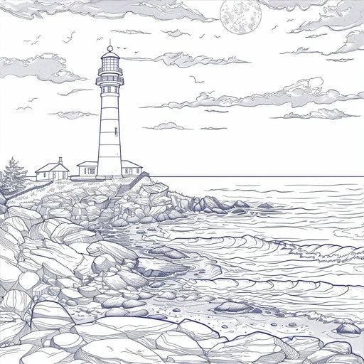 Lighthouse on rocky coast at dusk