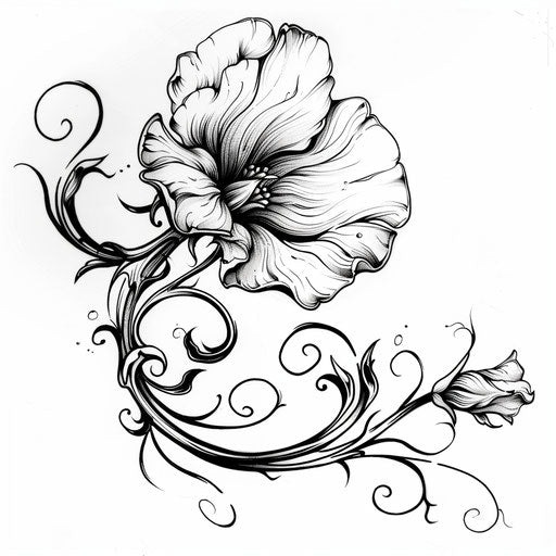 Artistic sketch of sweet pea with swirling vines