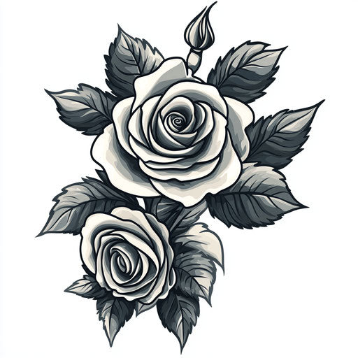 Flat tattoo sketch on inner thigh with realistic rose in black and grey