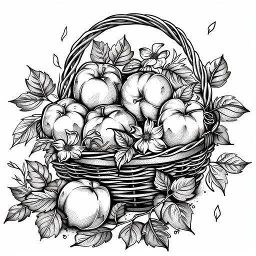 Basket of apples with leaves and flowers. Coloring book page
