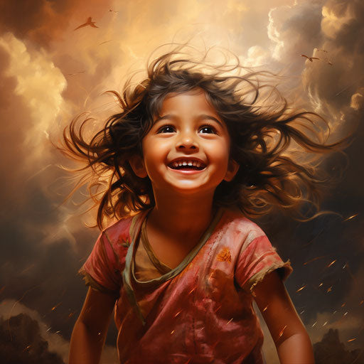 Images of children, inclement weather style, dark beige and pink, joyful and optimistic, Indian pop culture, airbrush art, romanticized figures