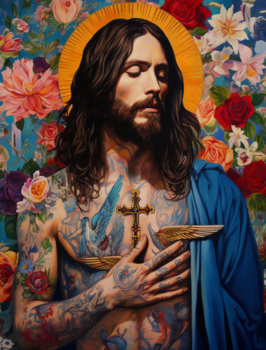 Jesus tattoos in the style of fauvist portraits