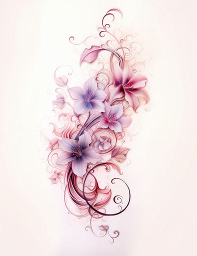 Pink floral tattoo drawing with curly vines