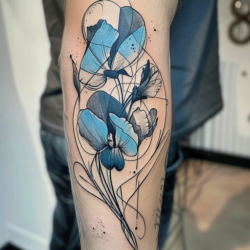 Cubist tattoo sketch of a sweet pea with cool blues and greys