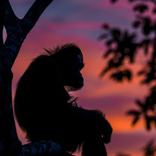 Tapanuli orangutan enjoying sunset silhouetted against sky