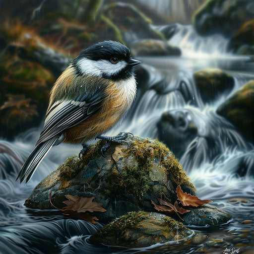 Chickadee bird by a clear, flowing stream