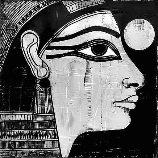 Egyptian style art in black and white, light purple and light indigo