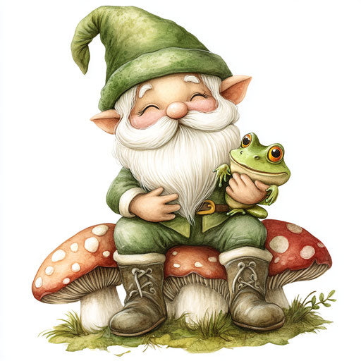 The cute gnome with a frog on a mushroom