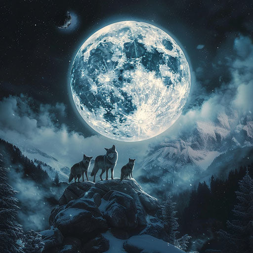 Wolves howling at the full moon in a snowy landscape