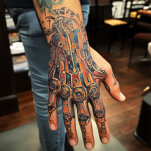 Cool steampunk-inspired mechanical hand tattoos by Guy Aitchison