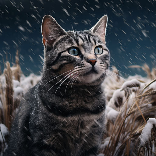 American cat in a field during snowfall