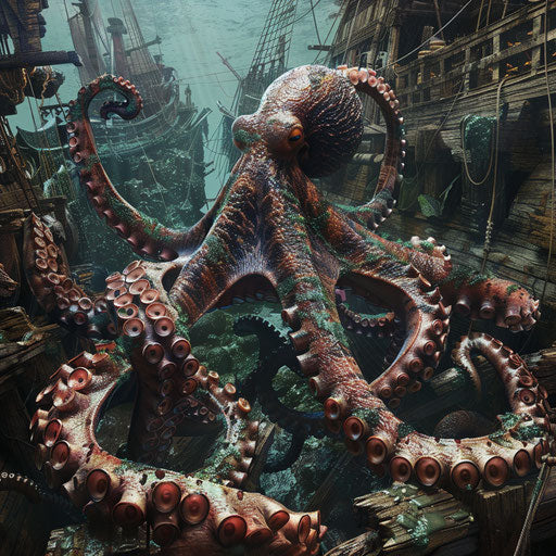 Octopus exploring sunken pirate ship, tentacles weaving