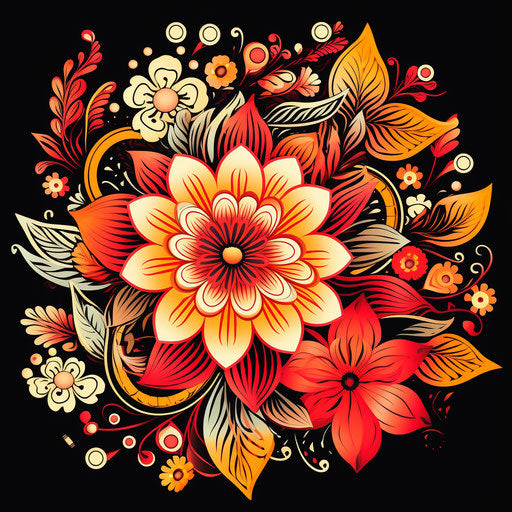 Vector illustration of flower ornament in black, red, yellow, orange