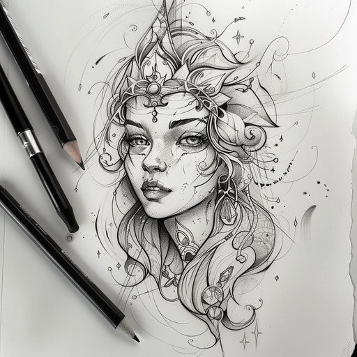 Contemporary flat tattoo sketch with Freya and a burst of cosmic, mystical energy