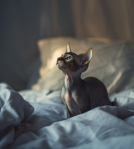 Sphynx kitten sitting on a bed looking up - explosive pigmentation 26:29