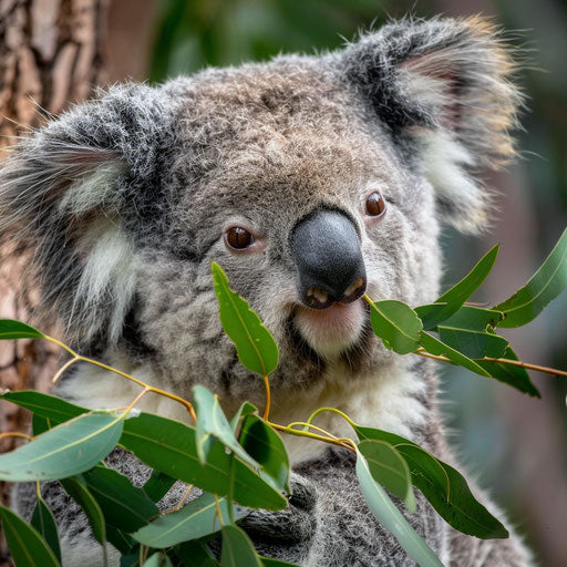 Koala munching on eucalyptus leaves, close-up on texture and details