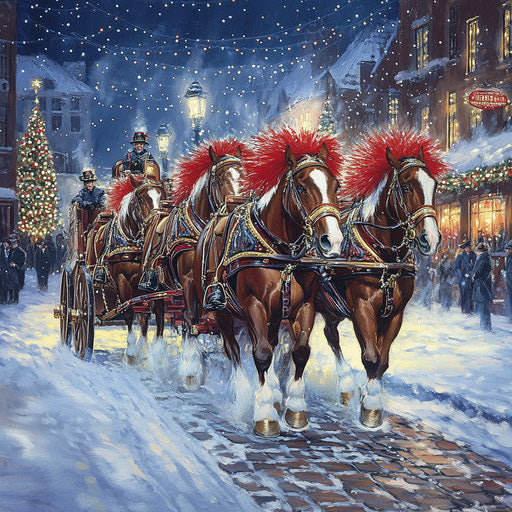 Clydesdales pulling a beer wagon across the illuminated square
