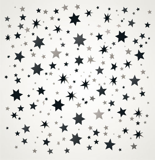 Star free icon vector black & white, whimsical drawings style, scattered composition 75:77