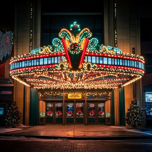 Restored and gleaming Art Deco theater marquee, announcing seasonal performances