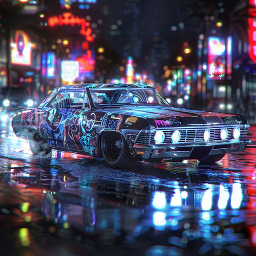 1967 Chevy Bel Air cyberpunk with digital graffiti