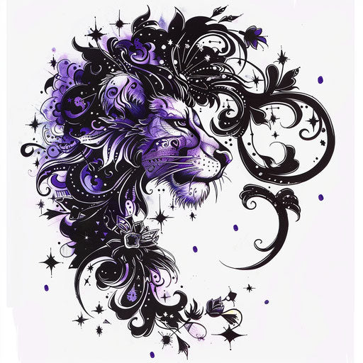 Gothic sketch of the Leo constellation in a flat clipart style with dark purple and black Gothic motifs