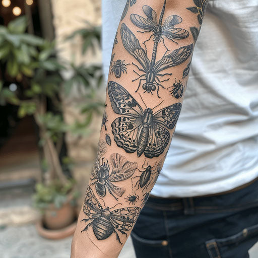 Arm tattoo with detailed insect illustrations
