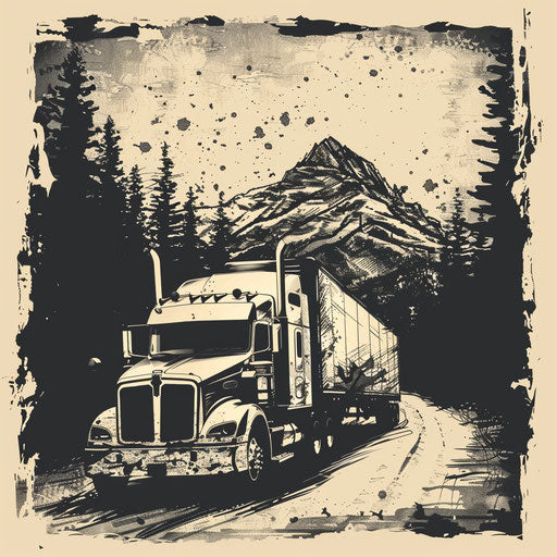 Hand-drawn trucking logo with a rustic background and artistic elements