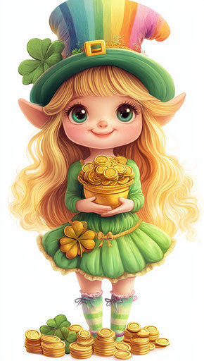 Cute girl with pot of coins and rainbow hat