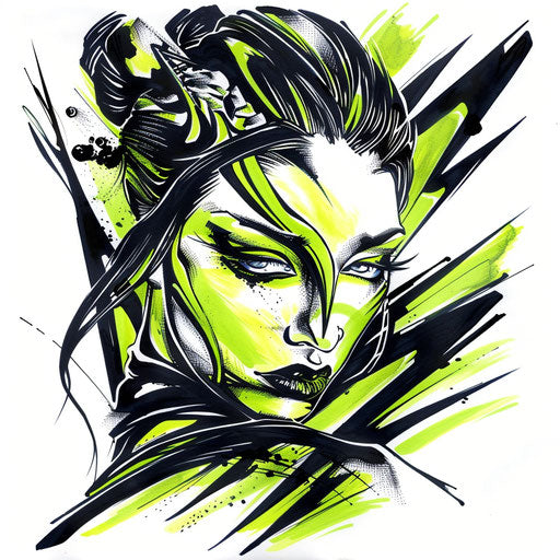 Bold geisha tattoo design in black and neon green