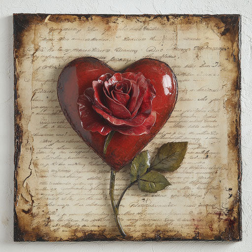 Red heart and rose on vintage love letters