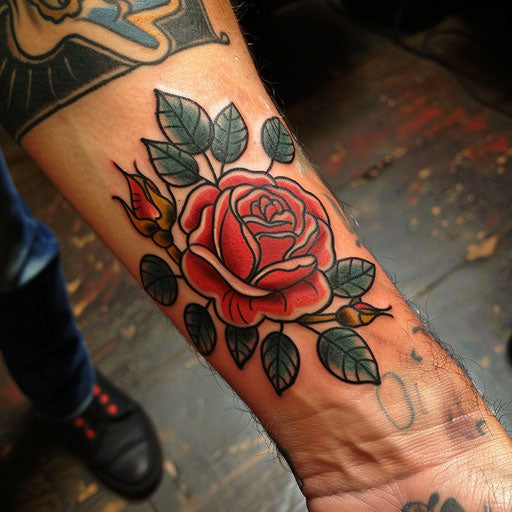 Men's wrist tattoos featuring a classic rose