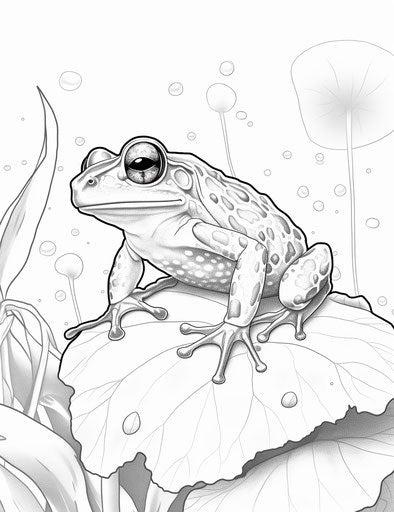Frog on leaf, coloring pages online, graphic style