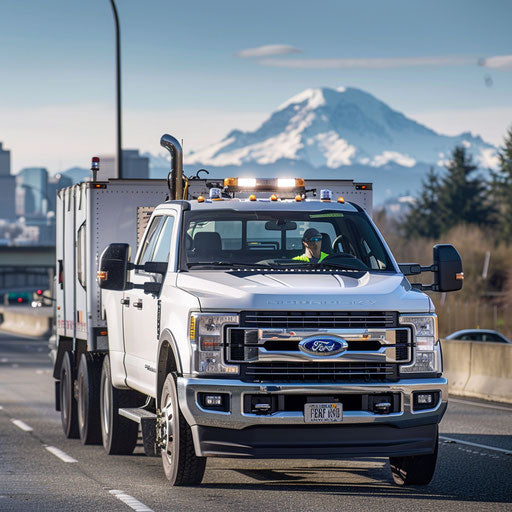 White service truck with utility body on I-5 in Seattle