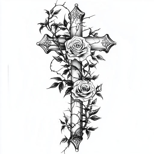 Cross adorned with roses and vines in beautiful clipart style religious tattoos for men