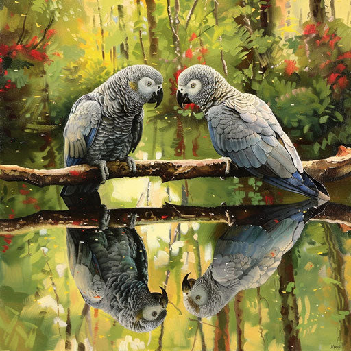 African grey parrots sharing a moment on a branch over a crystal-clear lake