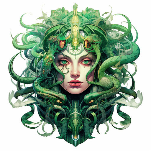 The Medusa head with green snakes, in the style of organic geometric shapes, solarpunk, womancore, tattoo, colorful moebius, strong facial expression, witchy academia