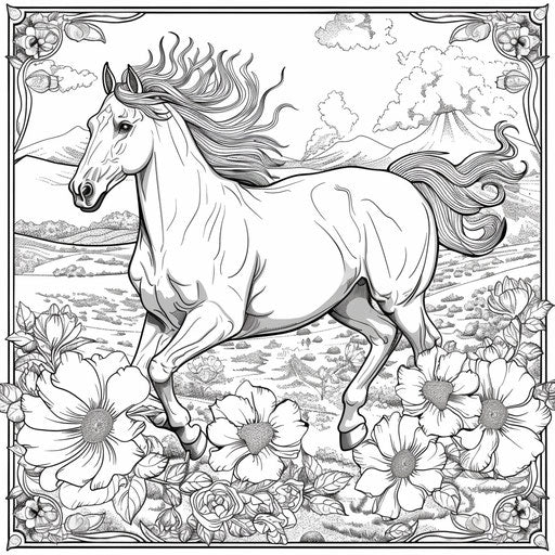 Majestic horse running in a flowery meadow
