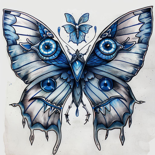 Mystical butterfly with eyes in blue and silver