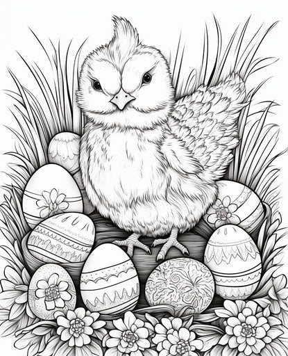 Easter coloring page for kids with bunny and chickens