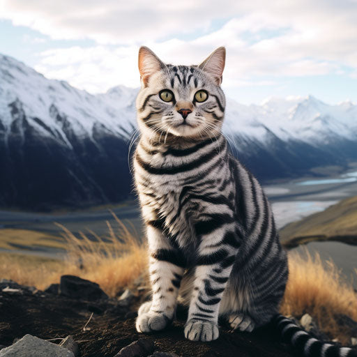 American cat sitting in front of mountain scenery