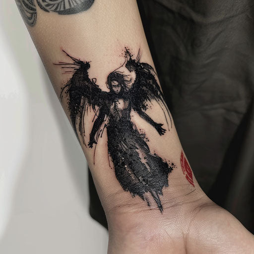 Small wrist tattoos of a dark angel, in the style of Gerald Brom