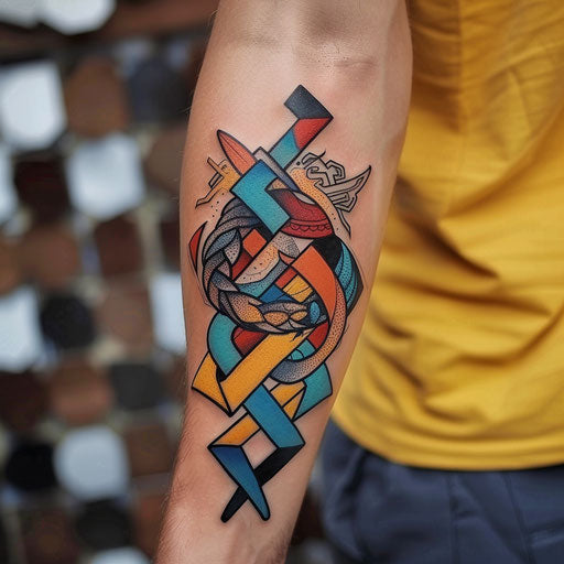 Whimsical cartoon tattoo sketch of a Valknut with fun colors