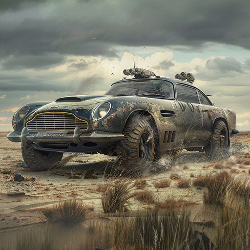 Post-apocalyptic Aston Martin DB6 with armor plating and off-road tires, speeding through a deserted wasteland
